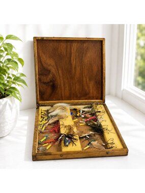 Vintage Wooden Fishing Tackle Box With Assorted Lures & Hooks - Rustic Display O
